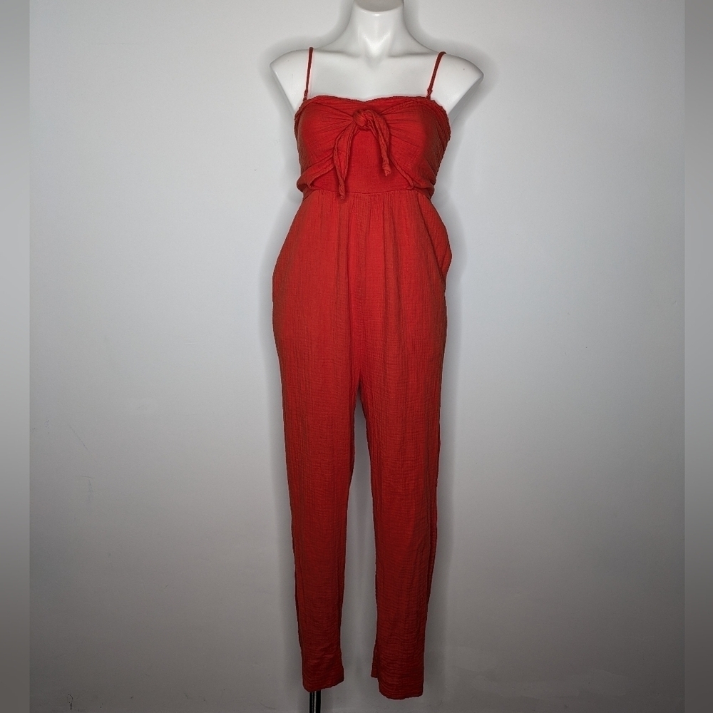 Anthro Saturday Sunday Orange/Red Spaghetti Strap Tie Front Jumpsuit XS